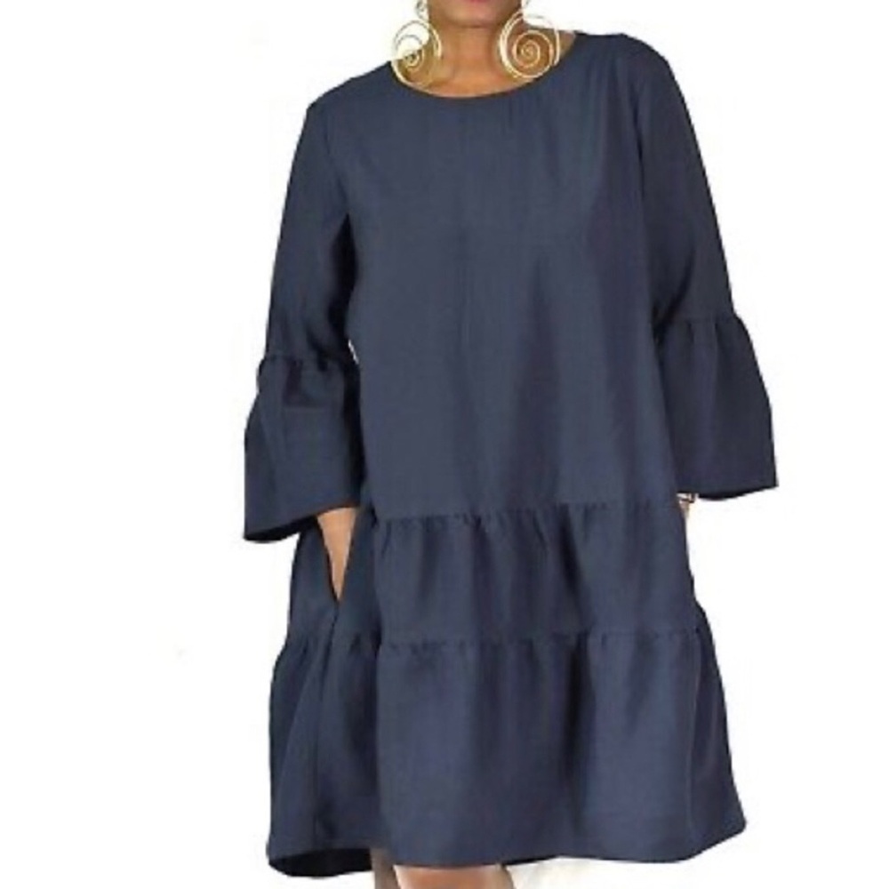 COS Oversized Poplin Tiered Babydoll Dress Size 12 Navy Bell Sleeves